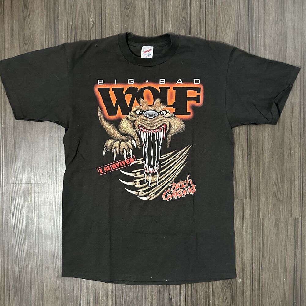 VTG Busch Gardens Big Bad Wolf Ride “I Survived” Black Shirt Men’s Size Large